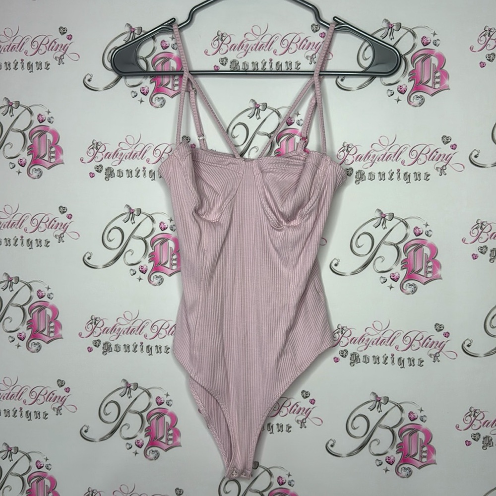 Strappy Bodysuit sexy bustier style corset look ribbed pink